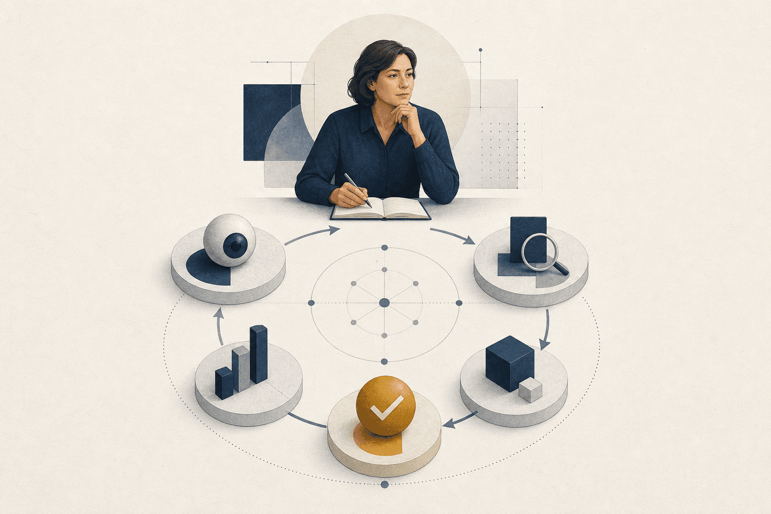 A human editor overseeing a structured loop of research, evidence, testing, publication approval, and search measurement.