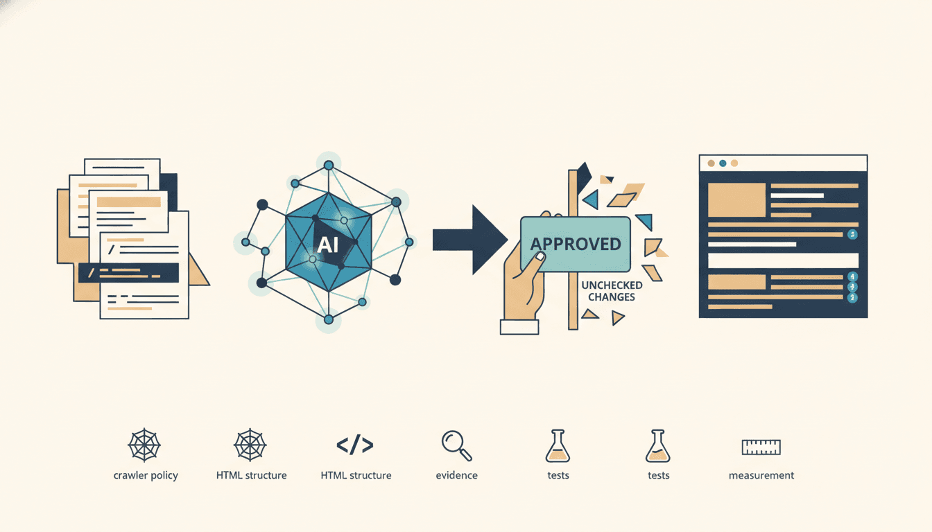 A human reviewer controls a workflow in which a coding agent checks website files, evidence, and search readiness before publication.