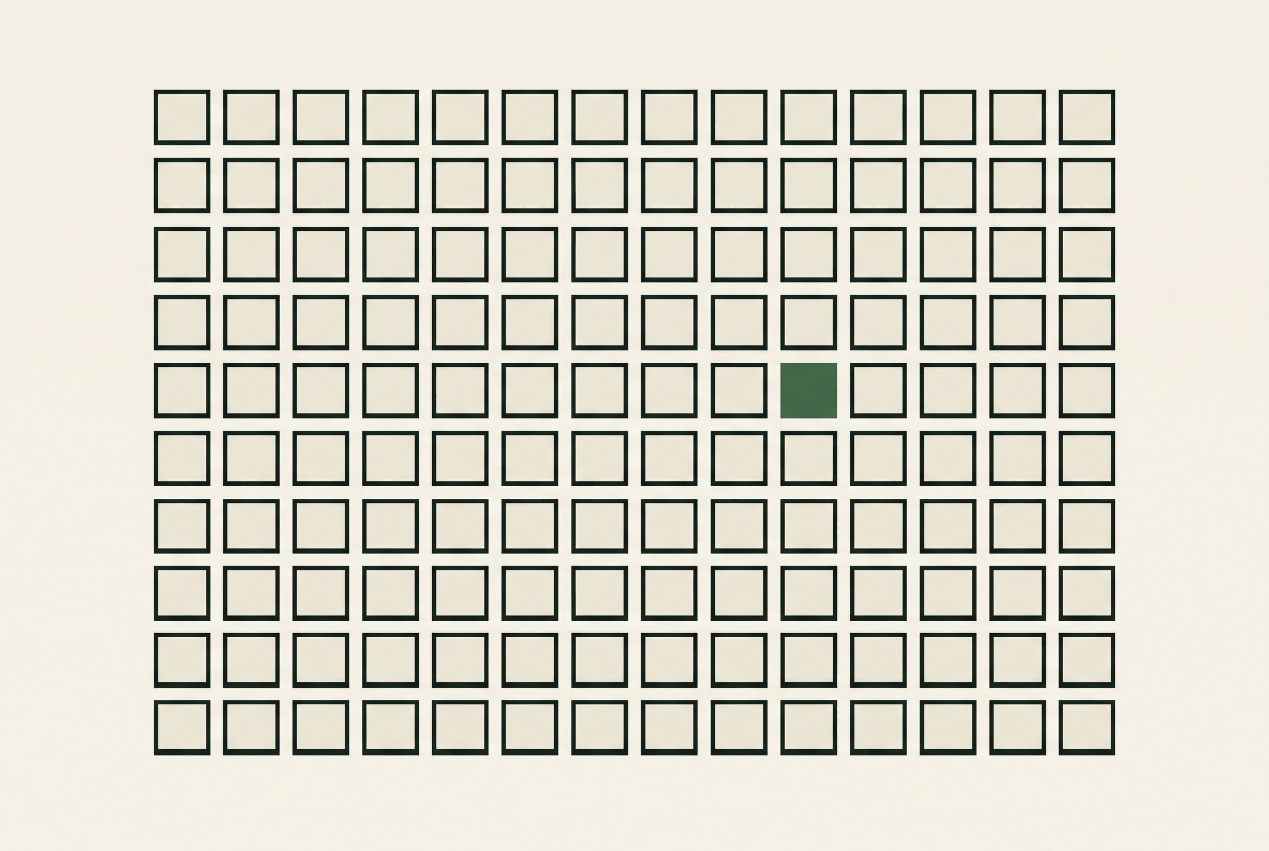 Editorial illustration of a grid of a thousand small squares with one highlighted in green