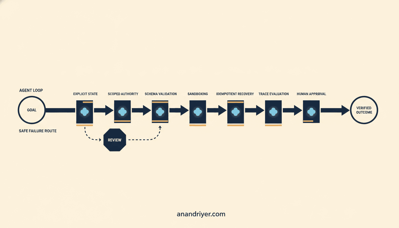An agent loop passes through seven reliability controls for state, authority, validation, recovery, evaluation, observability and human approval before reaching a verified outcome.